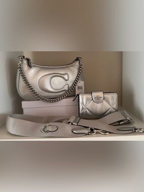 Coach Metallic Silver Teri Shoulder Bag & Wallet Set